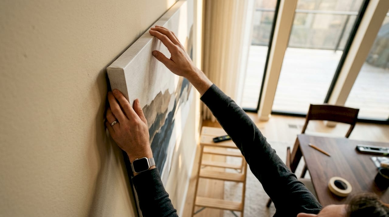 Hands installing bespoke wall art on wall