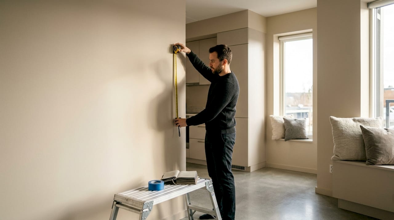 Man measuring wall space for large canvas