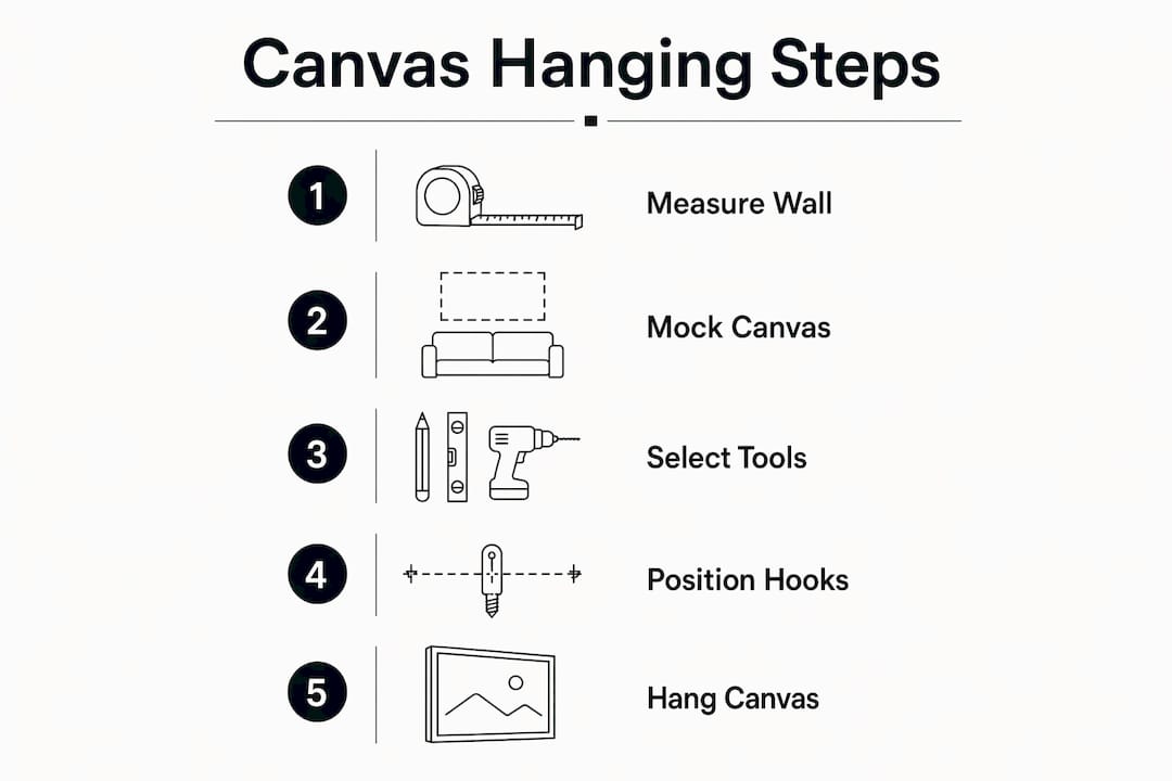 Infographic of canvas hanging steps in studio apartments
