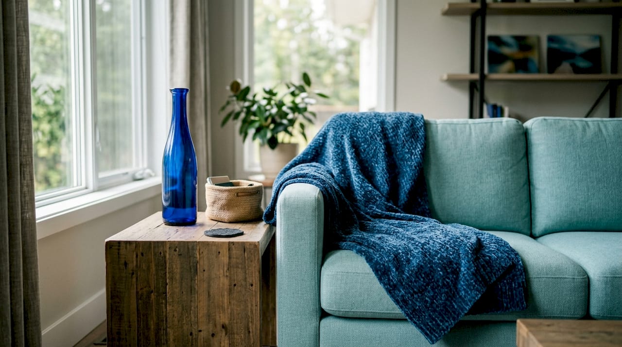 Layered blue and white pillows with ceramics