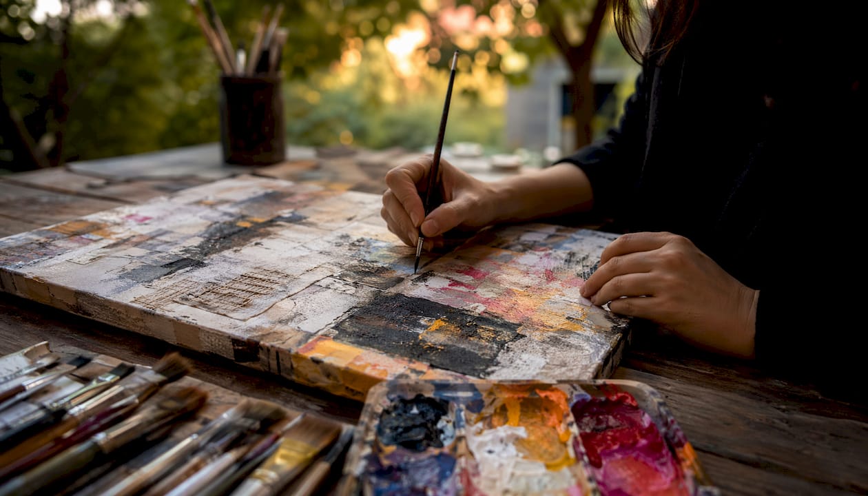 Close-up of artist hands adding texture to canvas