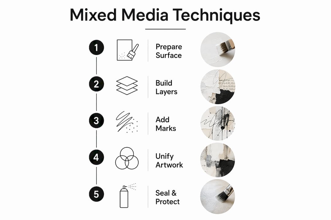 Infographic outlining key mixed media art techniques for canvas