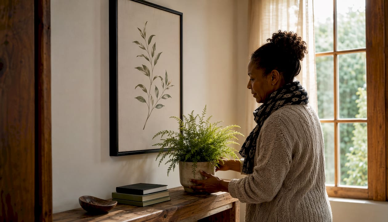 Botanical wall art in sunlit Scandinavian entryway
