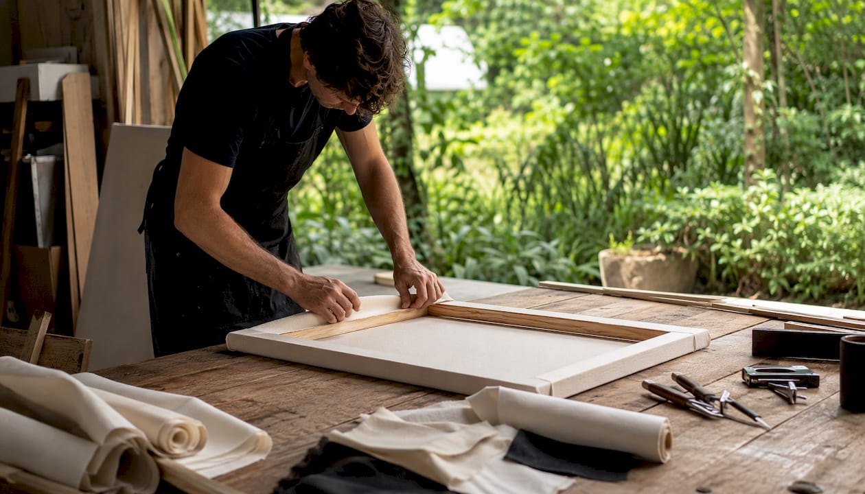 Hands crafting gallery-wrapped canvas print