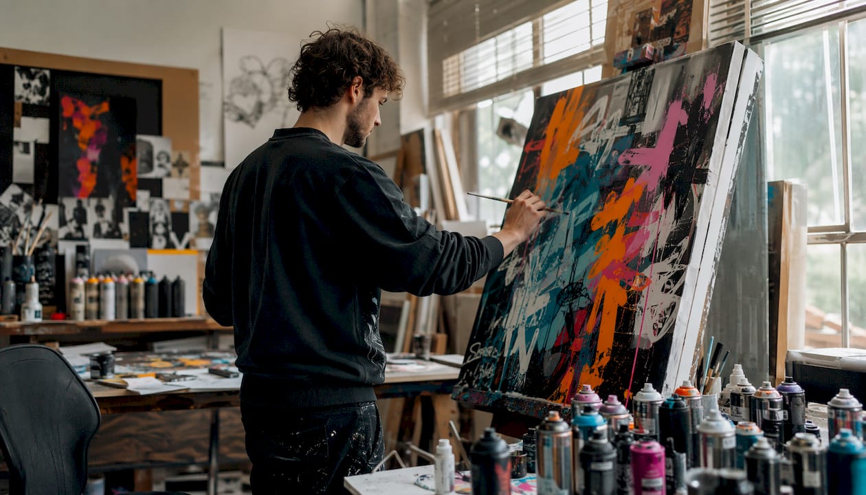 Graffiti artist's studio with canvas and spray cans