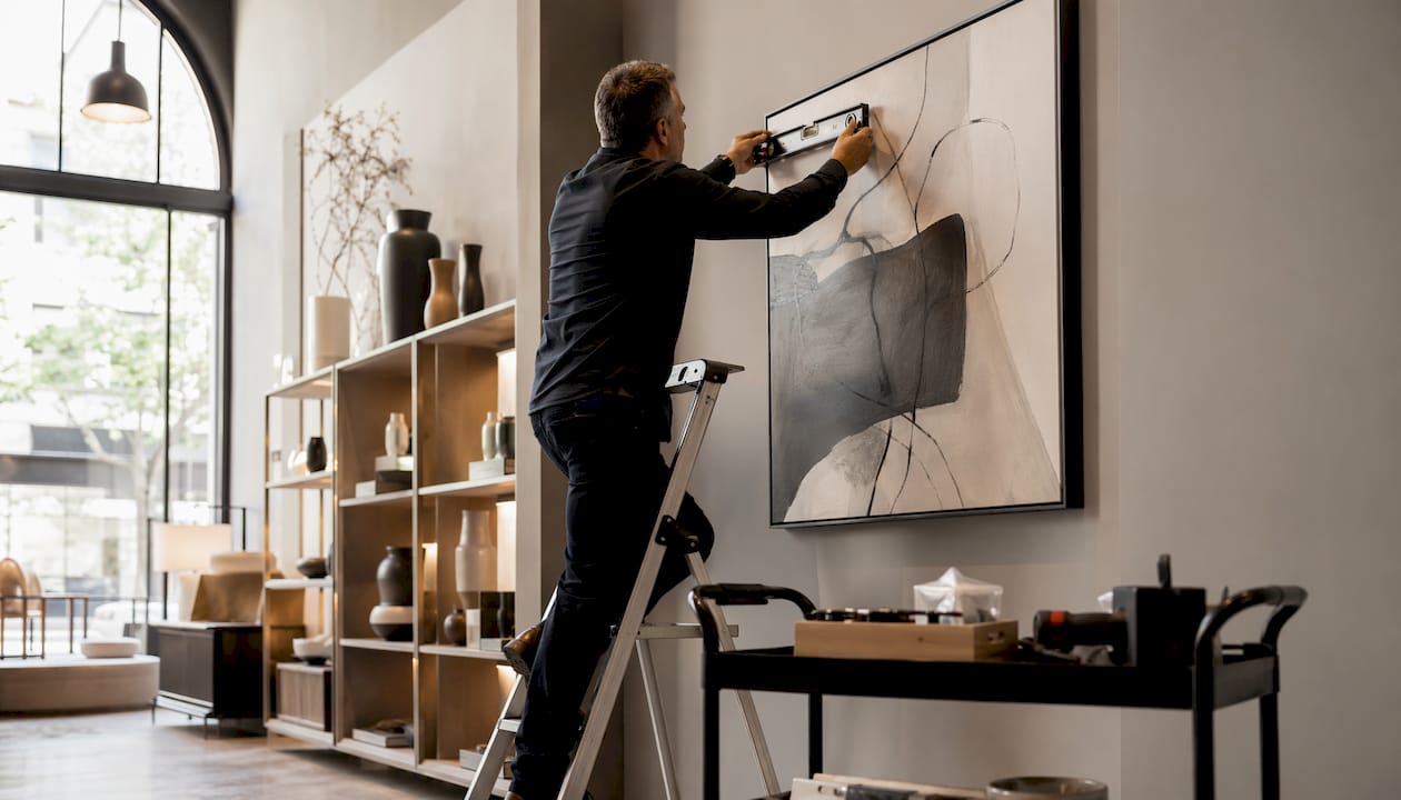 Employee installing durable canvas art in retail space
