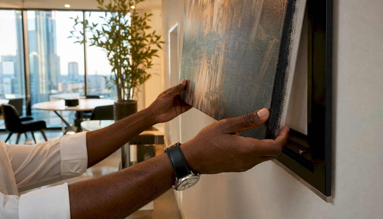 Hands swapping canvas in frame system
