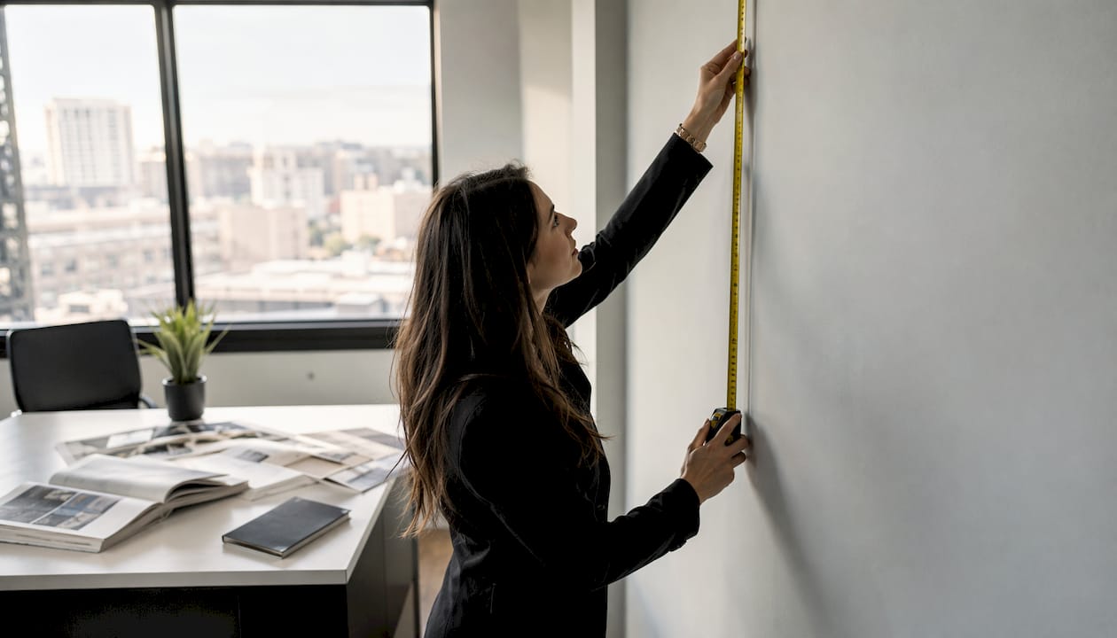 Hands measuring office wall with tape measure