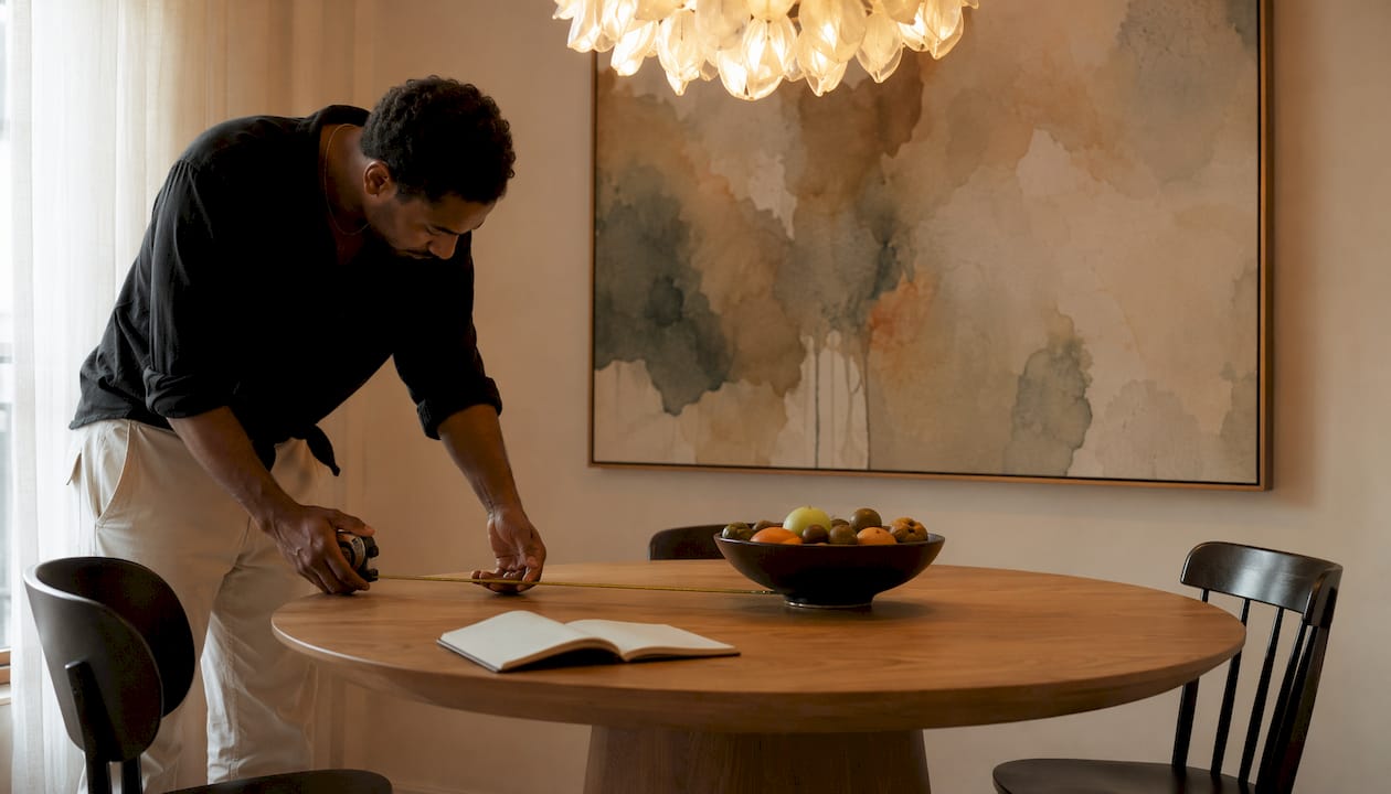 Man measuring dining table width for canvas sizing