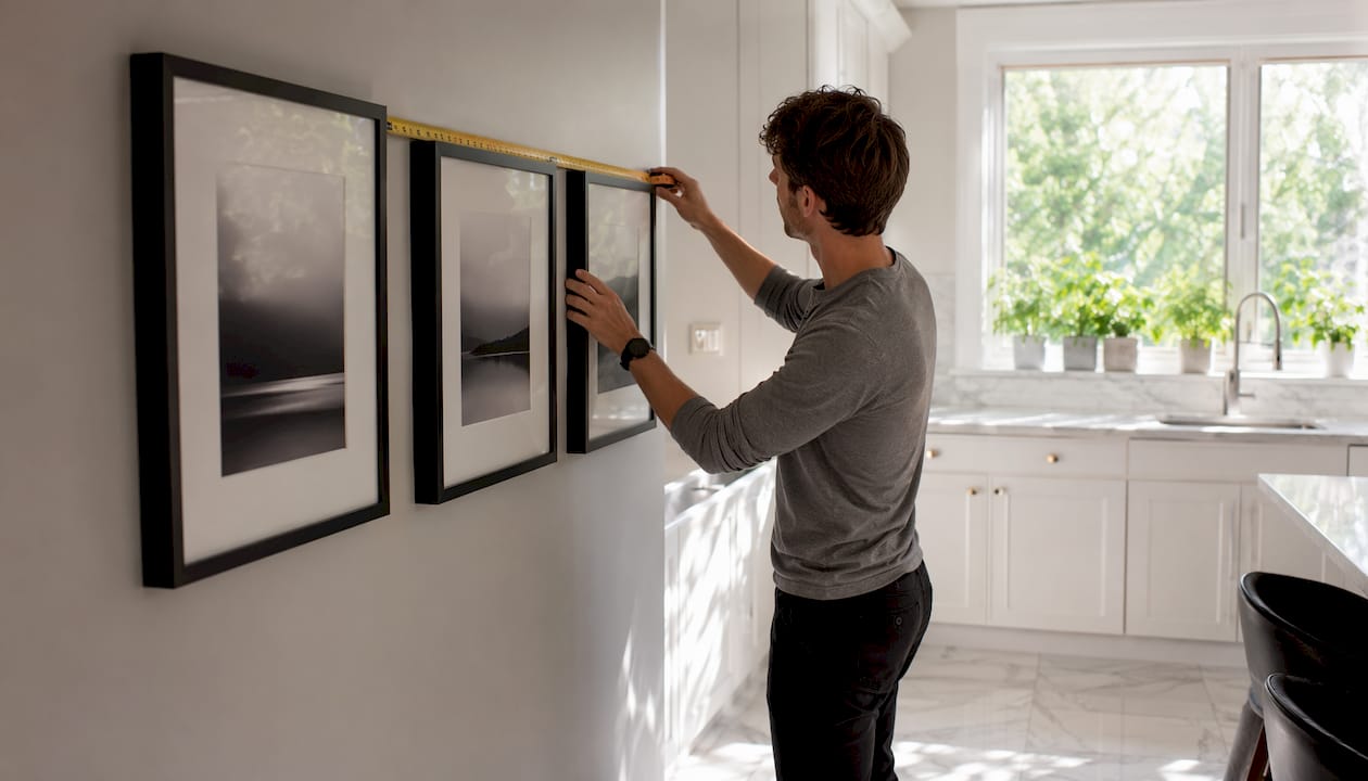 Man measuring spacing between hallway wall art