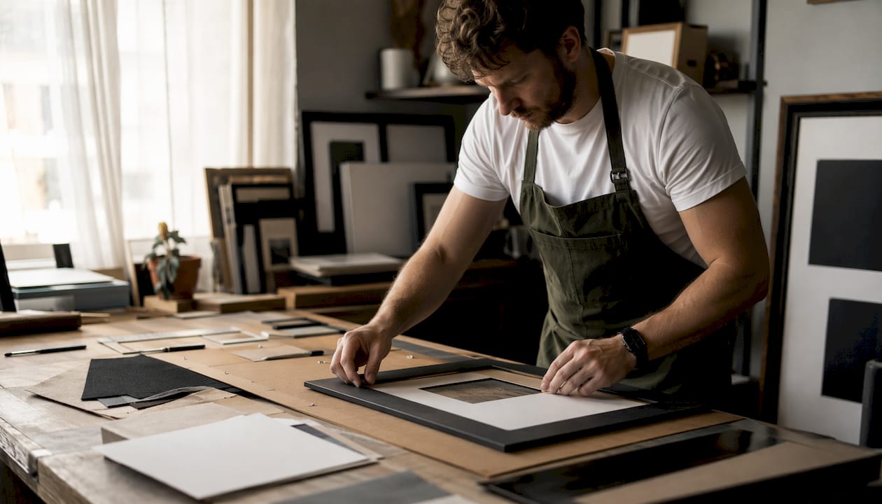 Close-up hands framing artwork with archival materials