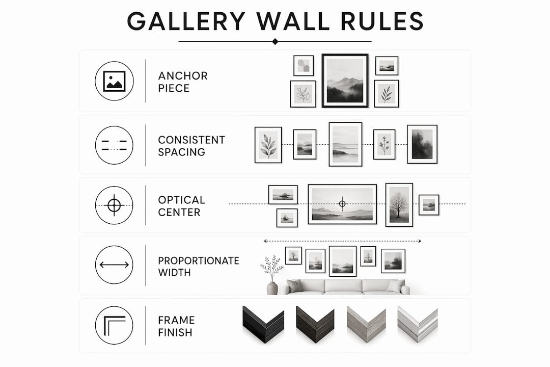 Infographic showing core gallery wall design rules