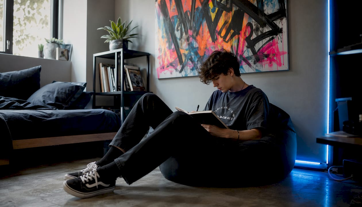 Man sitting near neon graffiti wall art