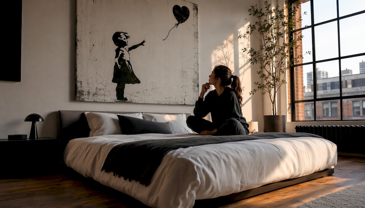 Woman viewing stencil graffiti art in bedroom