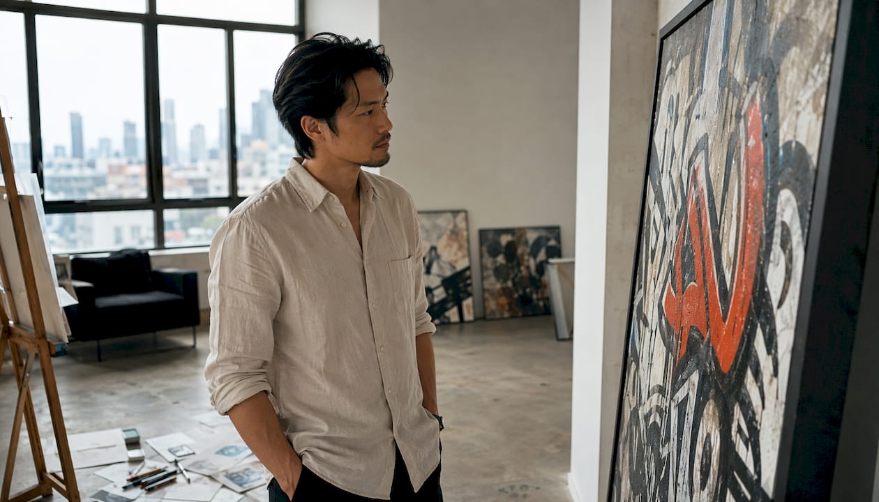 Designer inspecting framed street art canvas