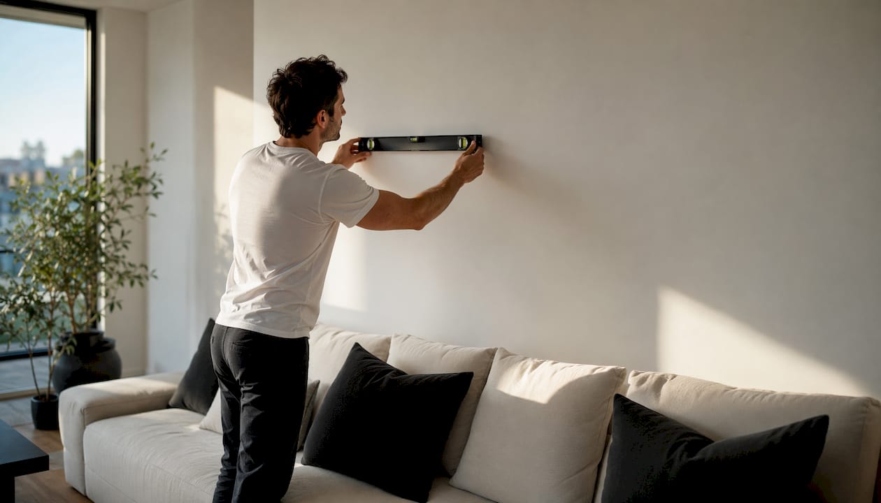 Man measuring wall for canvas art placement
