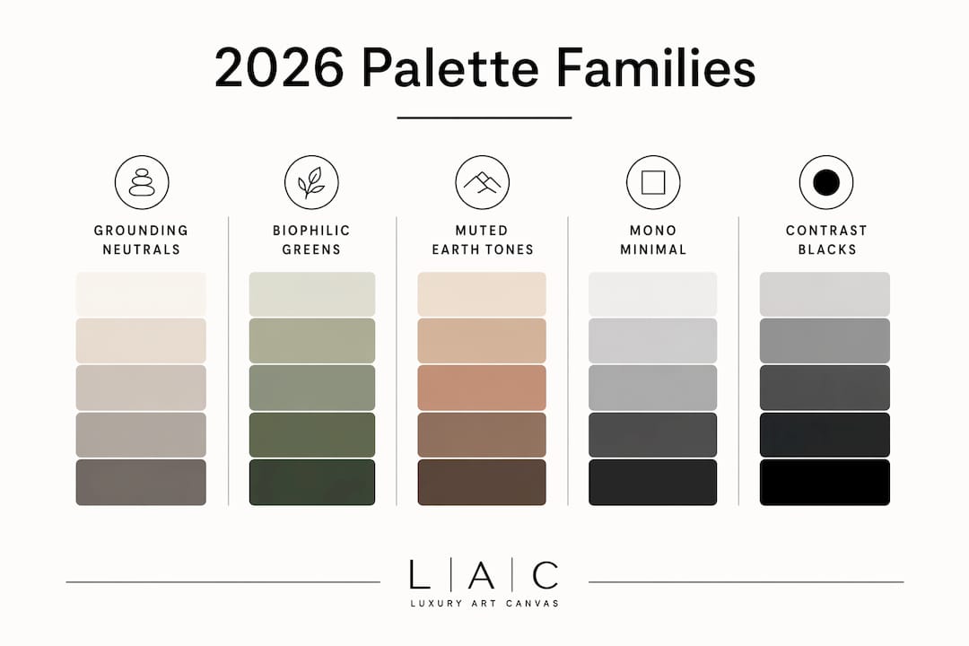 Infographic showing 2026 canvas art color palette families