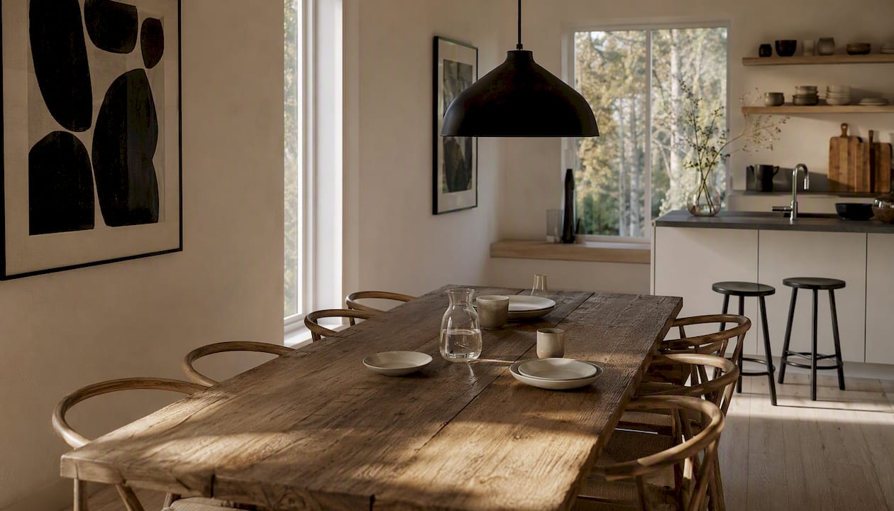 Minimalist dining room with bold pendant light
