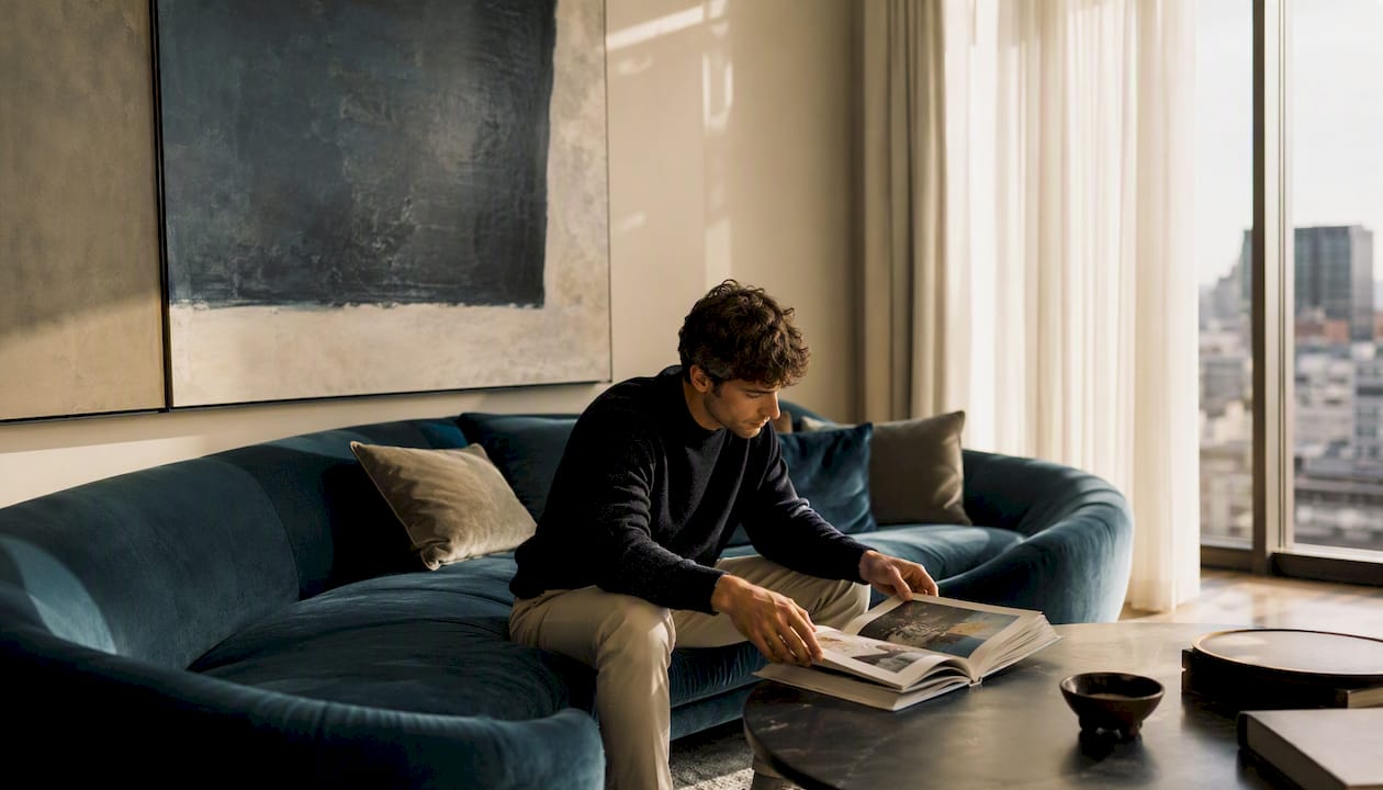 Man on curved velvet sofa in contemporary room