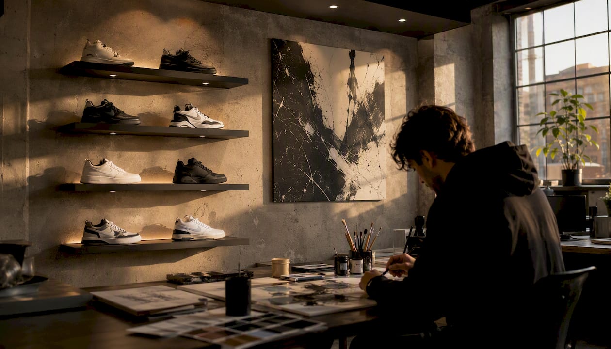 Overhead view of sneaker display with art and lighting