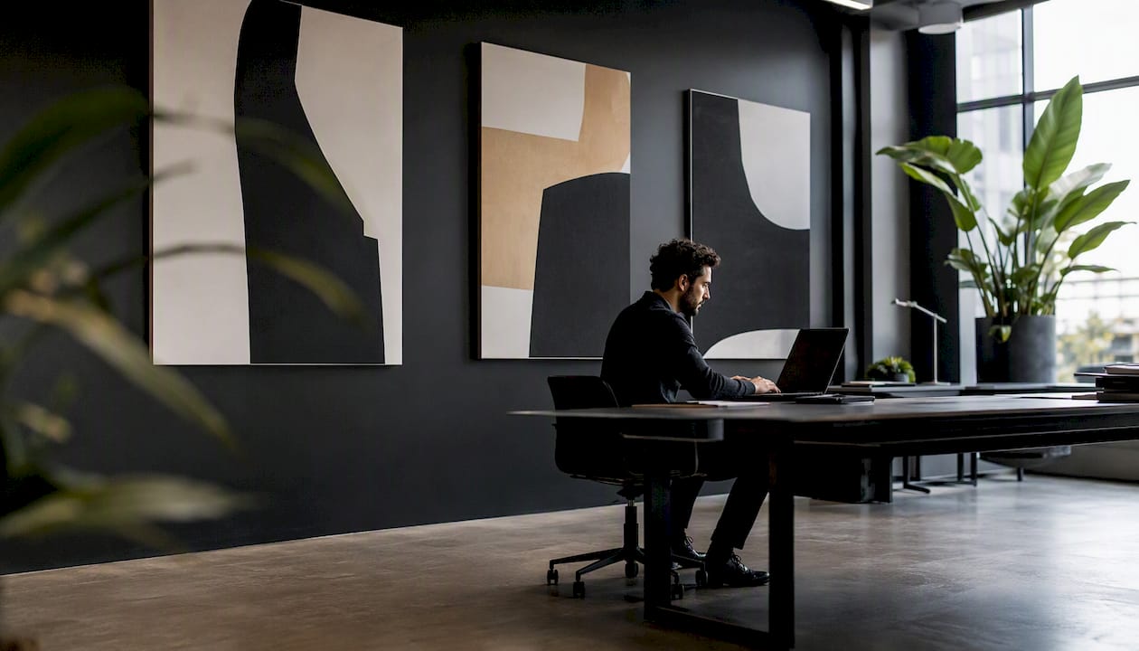 Modern office with canvas art and plants