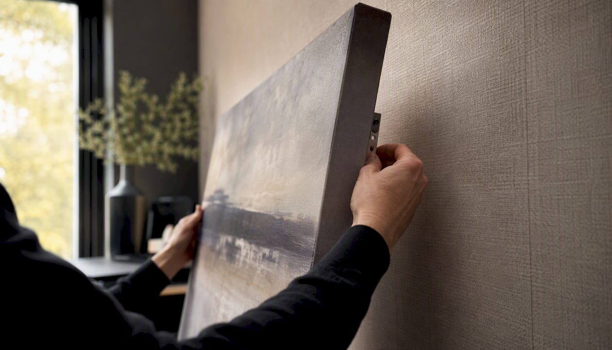 Hands installing large canvas on office wall