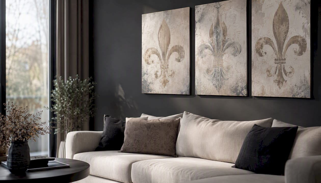 Multi-panel fleur de lis canvas over sofa