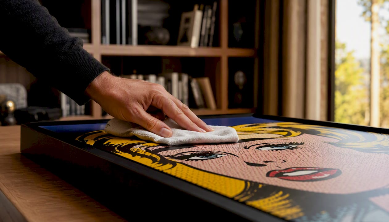 Cleaning archival canvas wall art in office