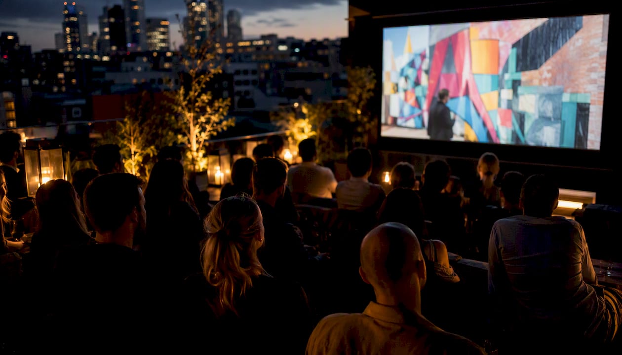 Audience watching street art documentary