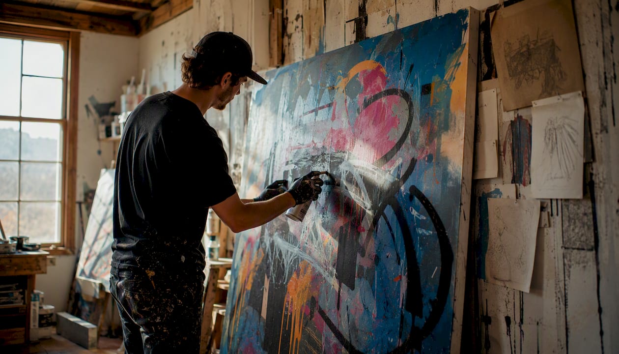 Artist painting graffiti style canvas
