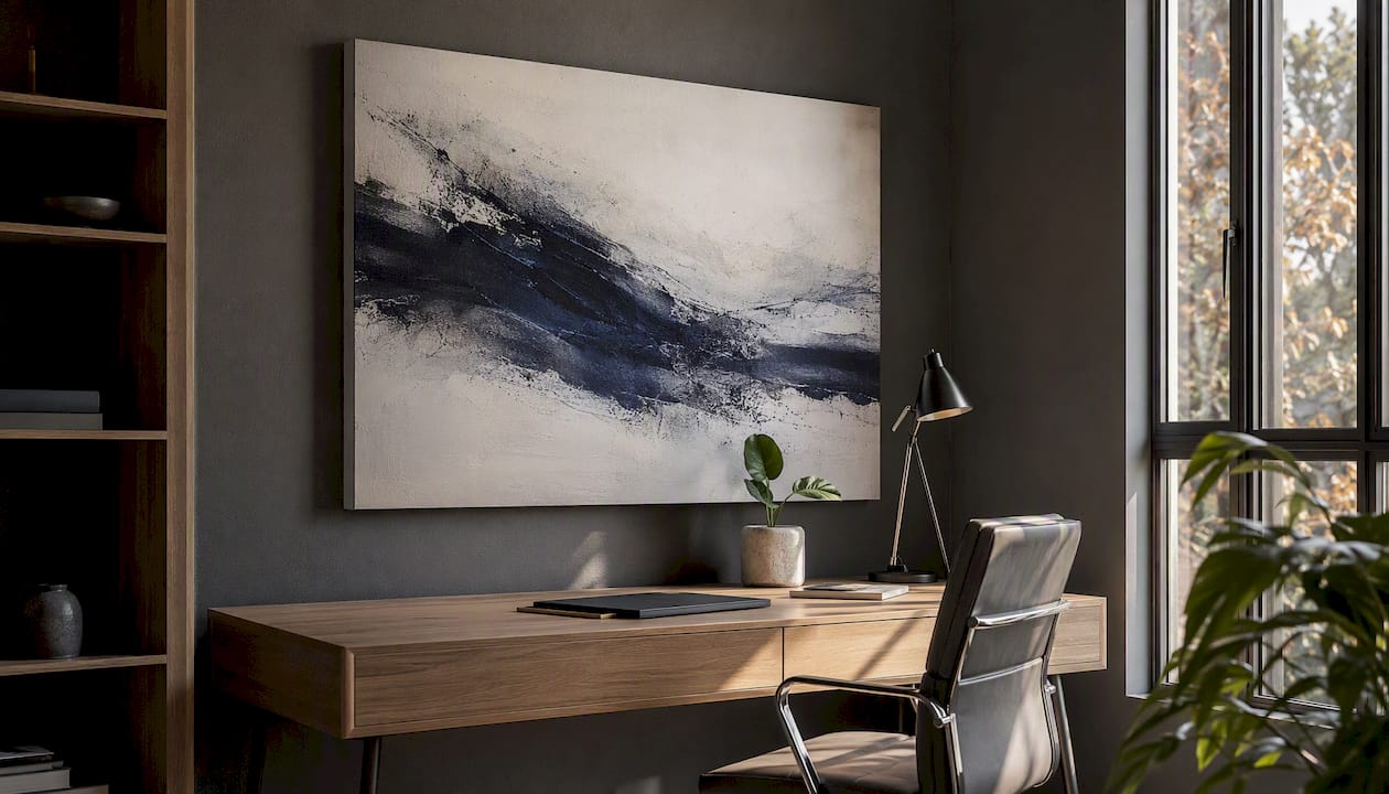 Digital art canvas above desk in stylish home office