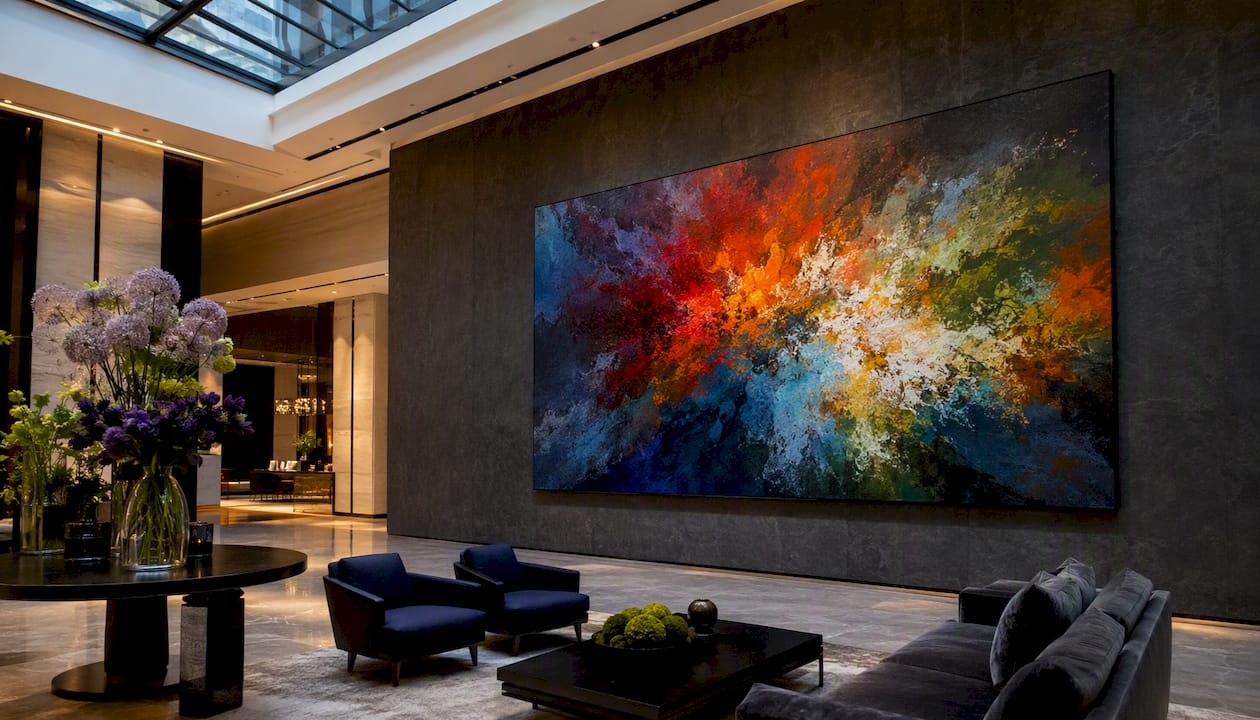 Large bold canvas art on hotel lobby wall