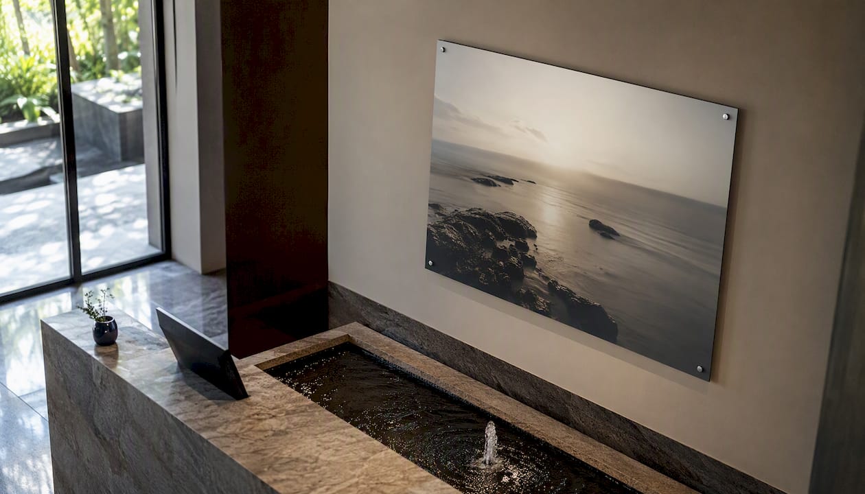 Metal print wall art in spa reception area