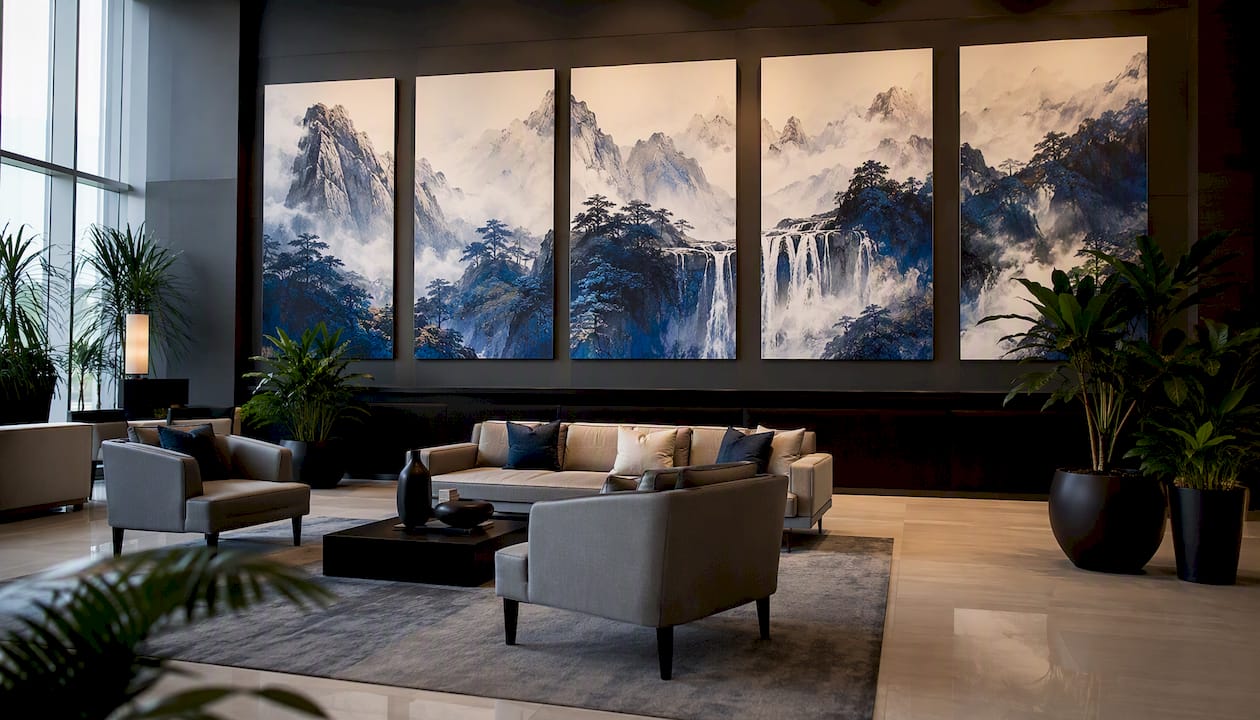 Multi-panel canvas art above banquette seating