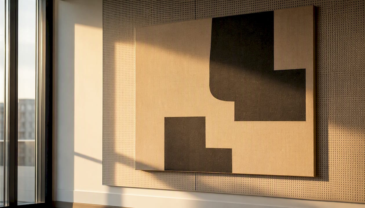 Canvas art with acoustic panel backing in office