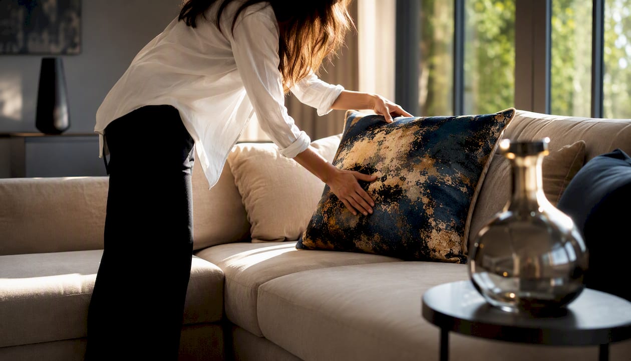 Accent pillow on modern sofa corner