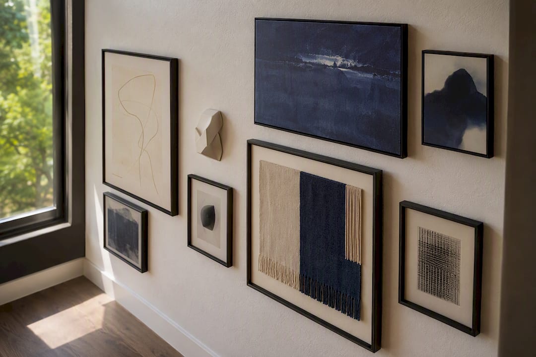 Consistent framed gallery wall with mixed media