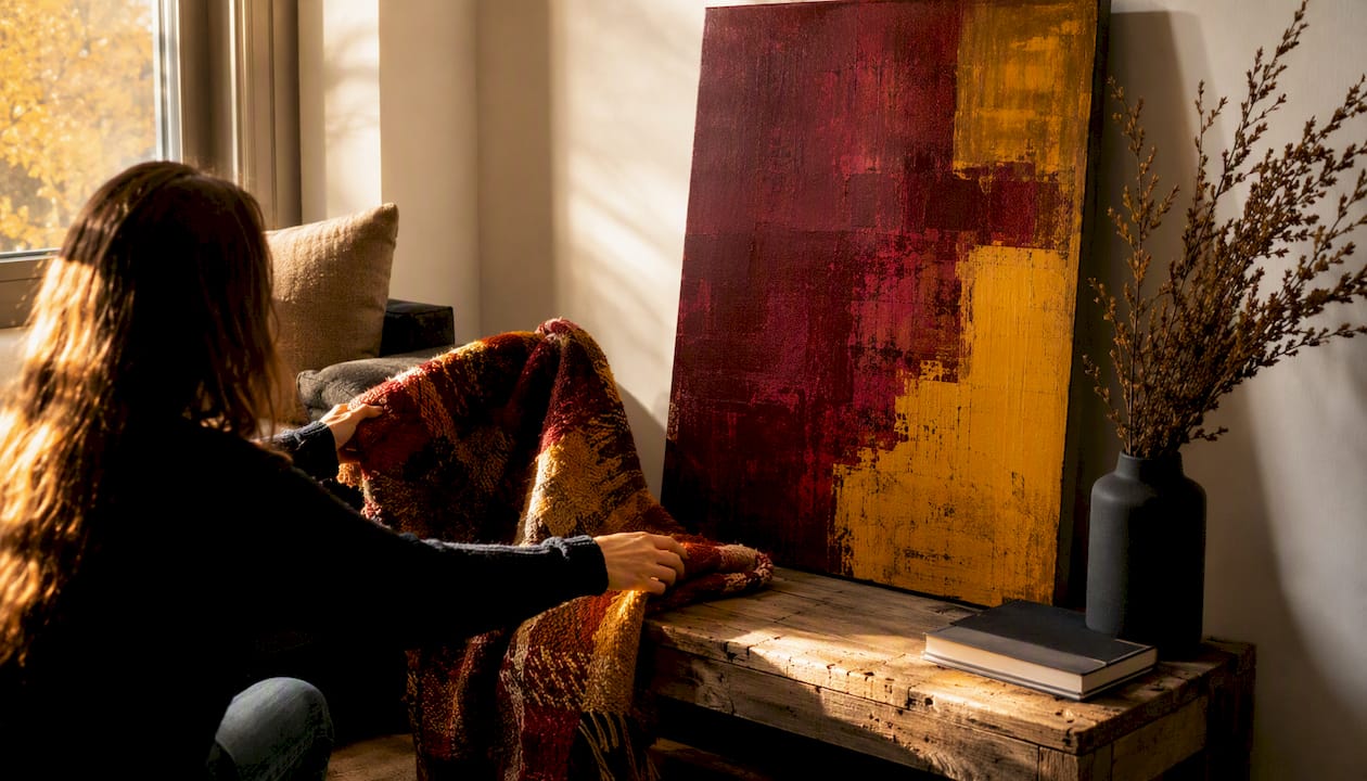 Hand placing woven textile next to autumn canvas