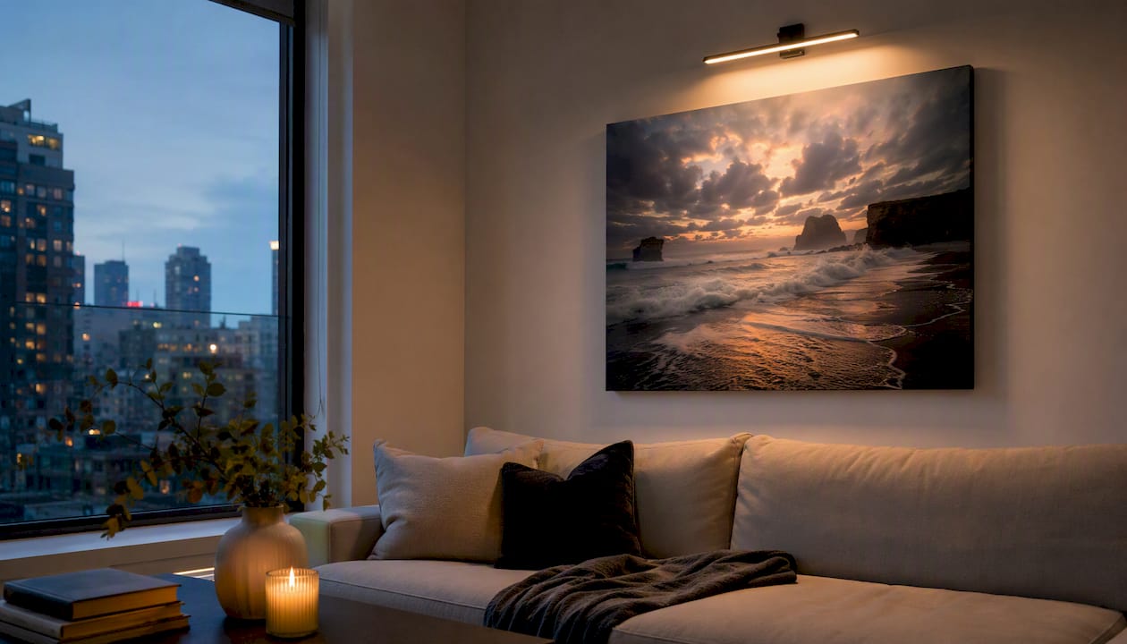 Canvas lit by picture light in winter room corner