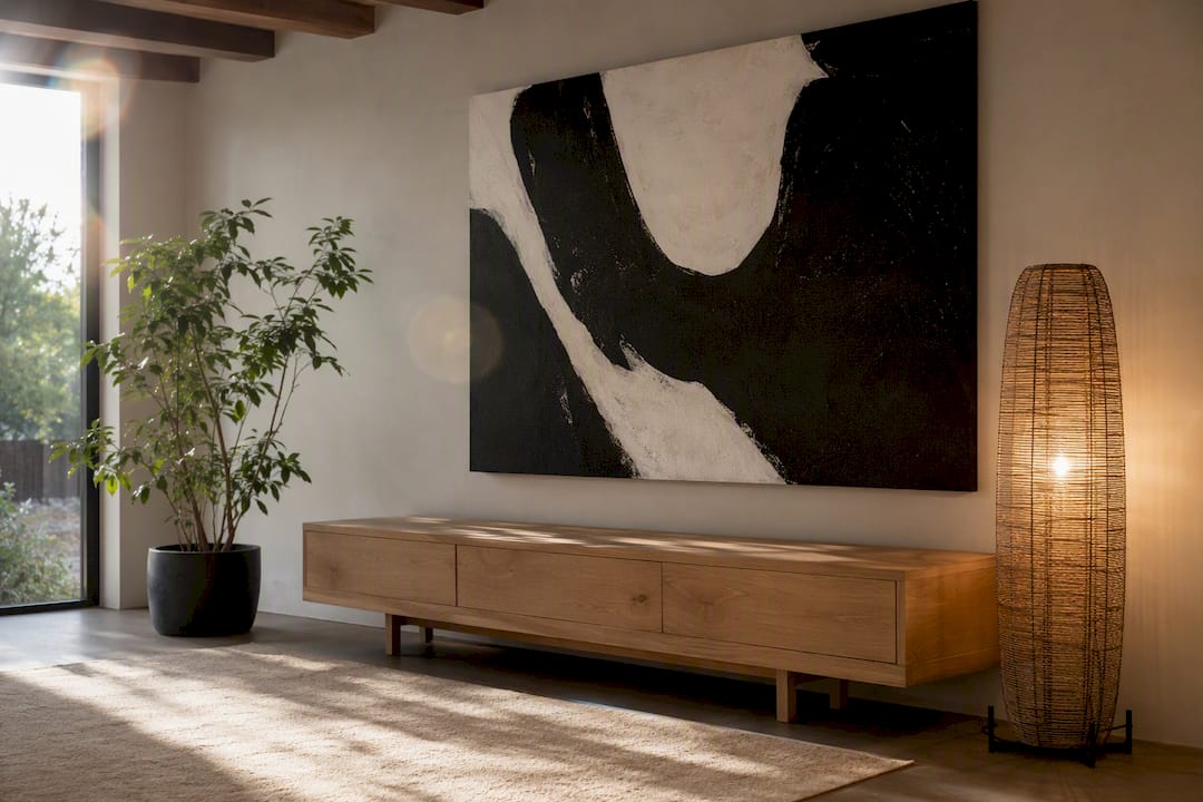 Black-and-white canvas with warm lighting and walnut console