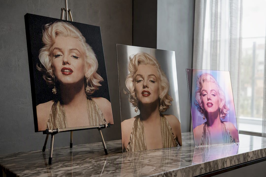 Canvas, metal, and acrylic Marilyn Monroe art formats comparison