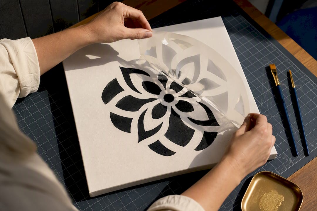 Hands lifting stencil from painted canvas