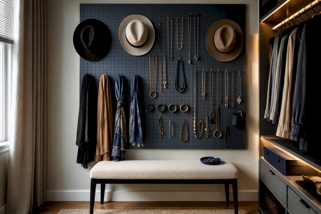 Pegboard displaying jewelry hats and scarves