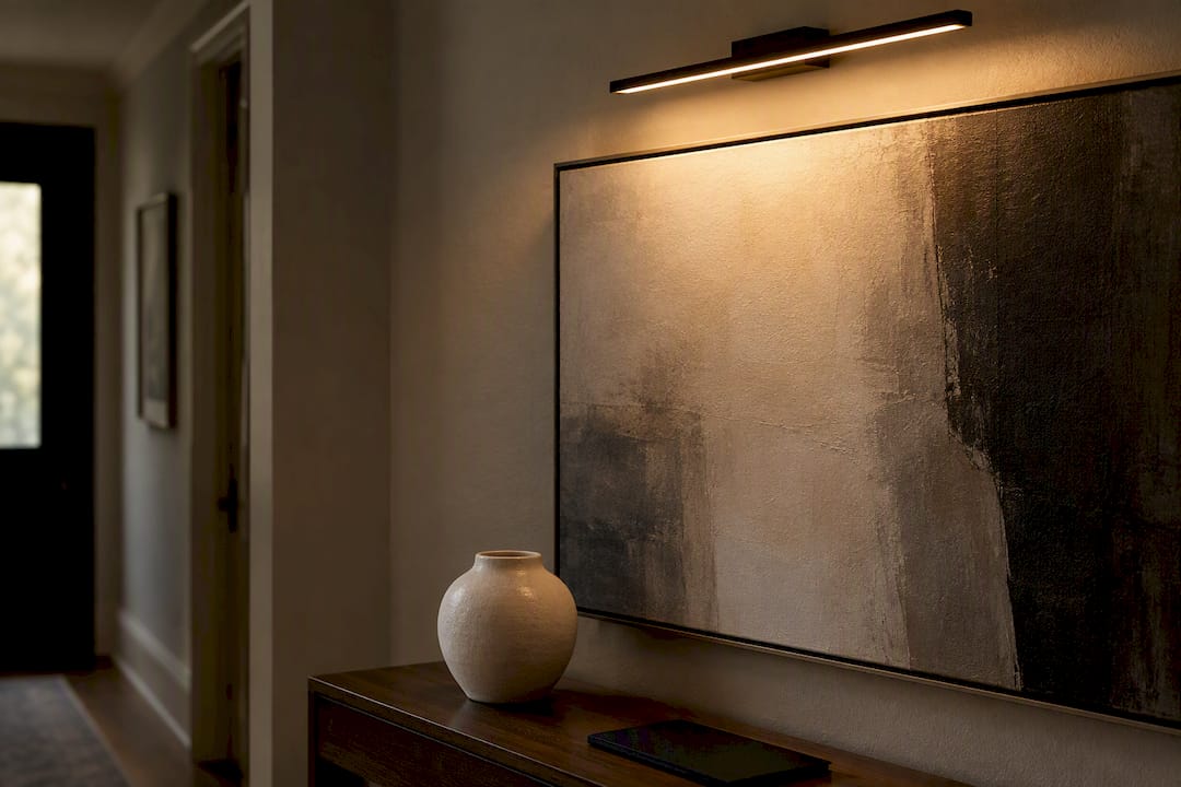 Picture light illuminating entryway artwork