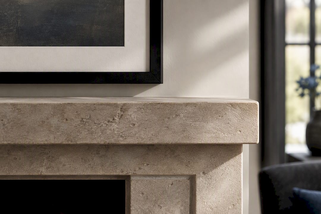 Framed art mat beside stone fireplace