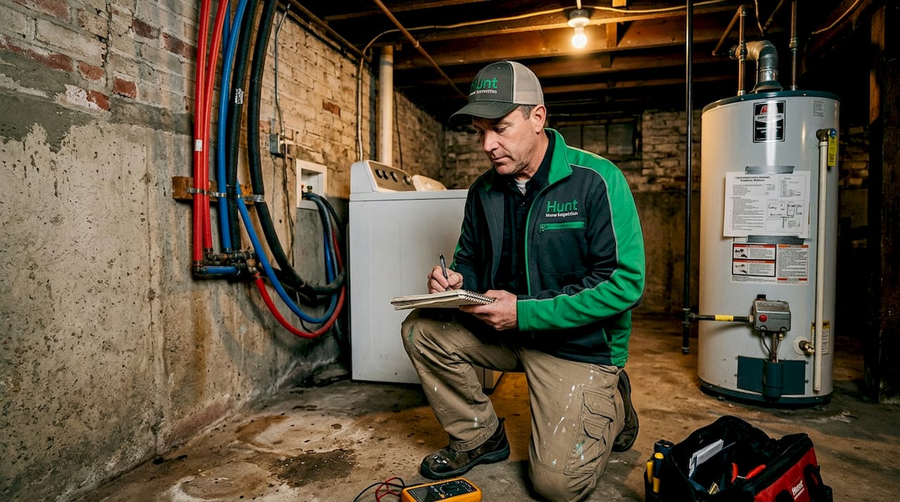 Inspector noting issues by washer plumbing in basement