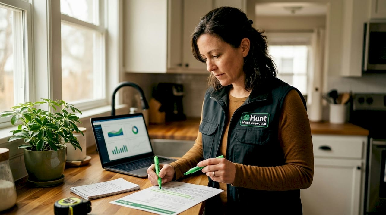 Inspector organizing findings at dining room table