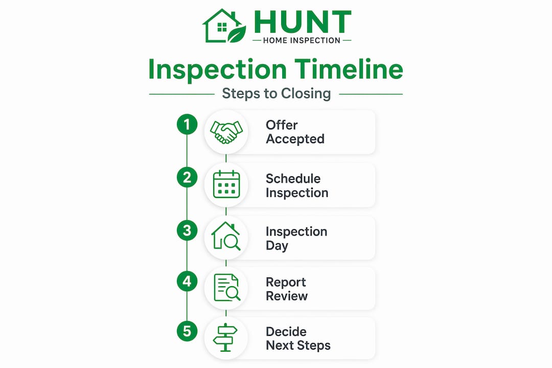 Five-step home inspection process timeline infographic