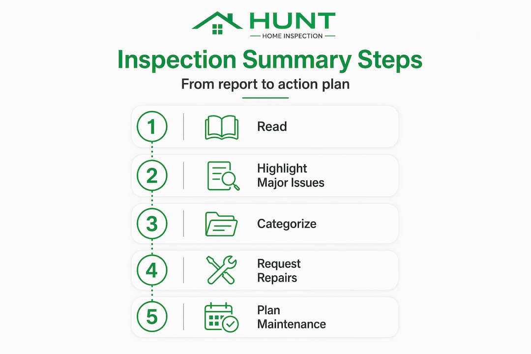 Infographic outlining steps to summarize inspection report