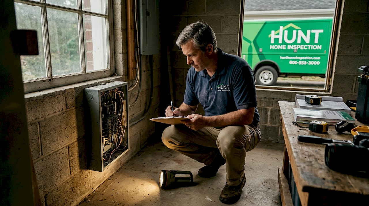 Inspector checks wiring in basement panel